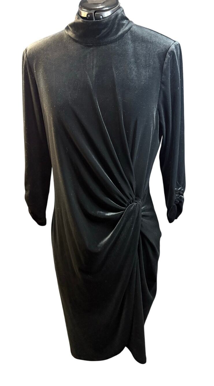 Alex Marie black velvet evening cocktail dress faux wrap drape knee length Sz 10